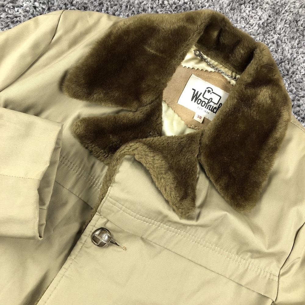 Woolrich Coat Mens 38 Beige Canvas Faux Fur Collar Lined Overcoat Winter Warm